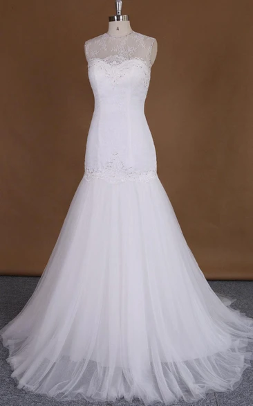 Tulle Appliqued Illusion Satin Jewel Fishtail Lace Gown
