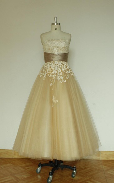 Bridal Lace Appliqued Tea-Length Vintage-Inspired Dress
