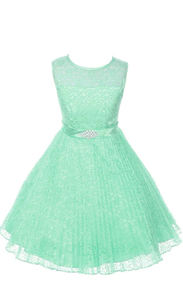 Jewel-Neckline Satin Belt Sleeveless A-Line Lace Dress