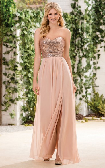 Sweetheart Chiffon Front-split Dress With Sequined top