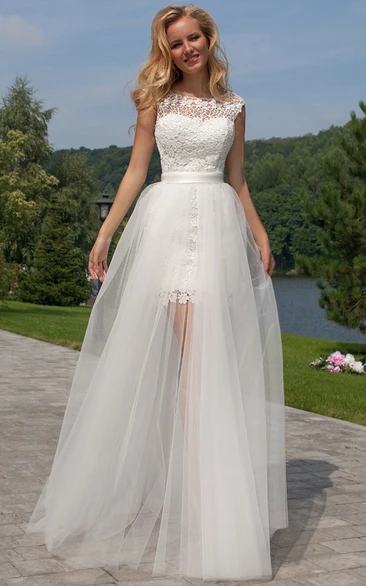 Pencil Scoop Sleeveless Floor-length Tulle/Lace Wedding Dress with Removable Skirt