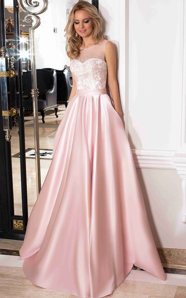 A-line Satin Sleeveless prom dress With Low-V Back