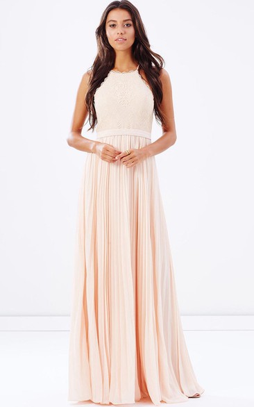 Spaghetti Sleeveless Pleated Dress With Lace And Zipper