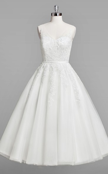 A-Line Tea-Length Sleeveless V-Neckline Wedding Lace Dress