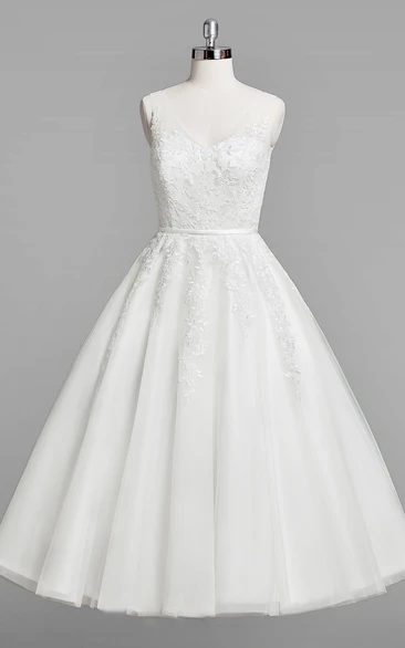 A-Line Tea-Length Sleeveless V-Neckline Wedding Lace Dress