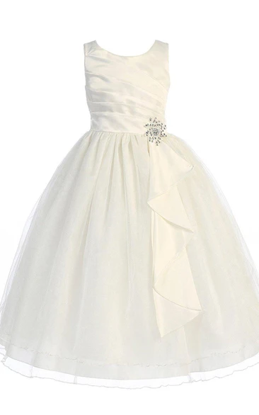 Scoop-neck Sleeveless Satin Ball Gown Flower Girl Dress With Draping