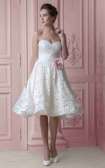 A-line Sweetheart Sleeveless Knee-length Satin Wedding Dress with Corset Back and Flower