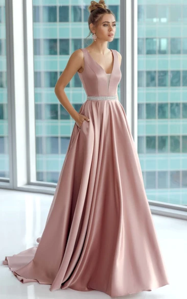 Adorble Blush Satin V-neck Sleeveless A-line Ball Gown Prom Dress with Beadings