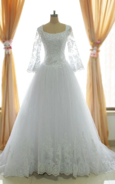 One-Shoulder Beaded Lace 3-4-Length A-Line Tulle Long-Sleeve Dress