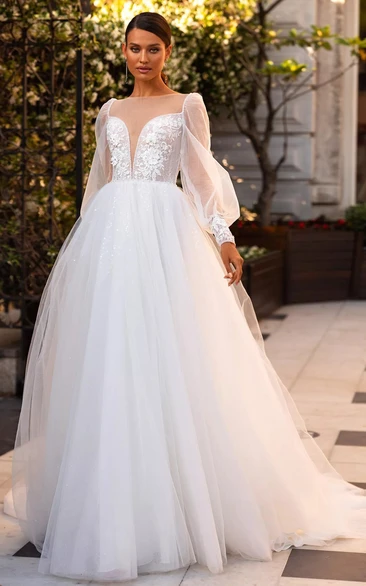 Elegant A Line Lace Floor-length Train Long Sleeve Illusion Wedding Dress with Sequins