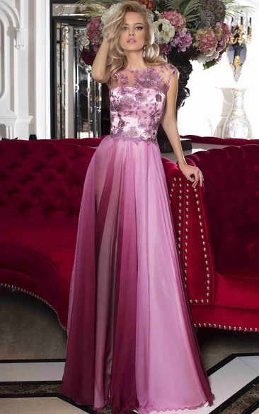 A Line High Neck Sleeveless Floor-length Chiffon/Tulle Evening Dress with Appliques and Ruching