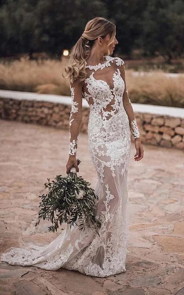 Bateau-neck Illusion Long Sleeve Sheath Lace Applique Elegant Wedding Dress