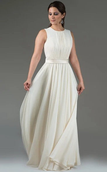 A Line Scoop Sleeveless Floor-length Chiffon Bridesmaid Dress with Ruching and Sash