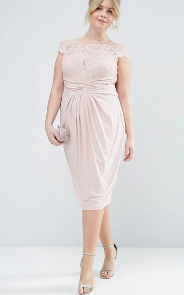 Pencil Cap-Sleeve Scoop-Neck Ruched Knee-Length Chiffon Bridesmaid Dress With Illusion