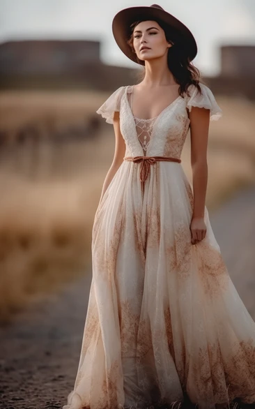 Western Cap V-neck Empire Pleated Lace Wedding Dress