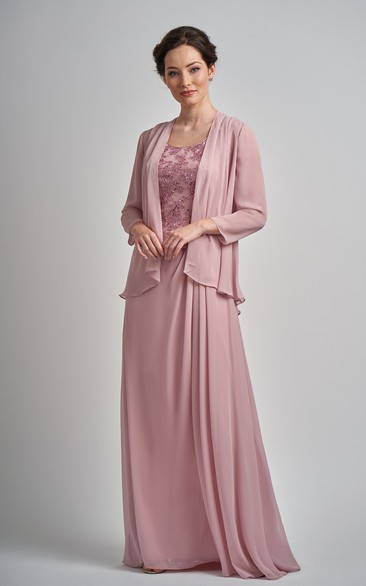 Scoop Sleeveless Floor Length Chiffon Mother of The Bride Dress with Appliques and Jacket
