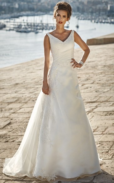 A-line V-neck Sleeveless Floor-length Satin/Lace Wedding Dress with Low-V Back and Side Draping