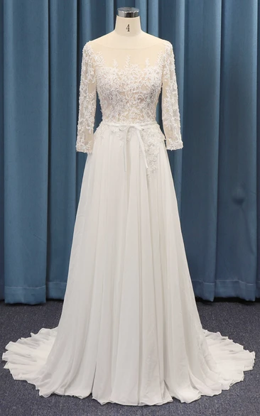 A-line 3/4 Sleeve Adorable Wedding Dress With Lace Top And Chiffon Ruched Skirt And Sash