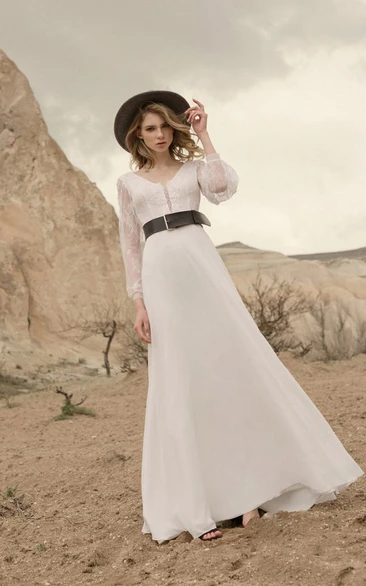 Long Sleeve Chiffon Rustic Chiffon Floor-length Simple Wedding Dress