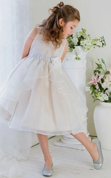 Lace Tea-Length Embroidered Flower Girl Dress