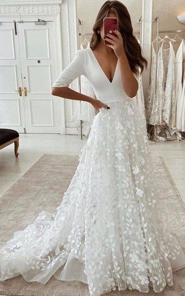 Sexy Plunged Half-Sleeve A-Line Wedding Dress with Floral Applique