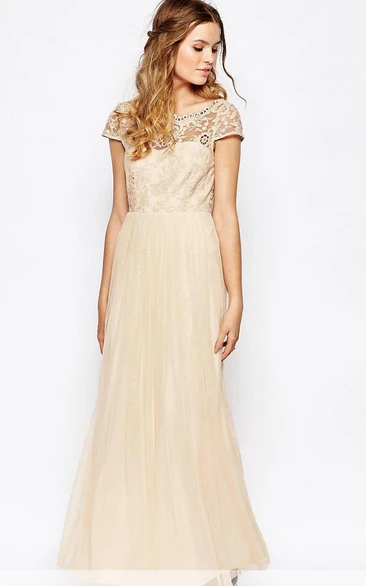 exclusive Tulle Cap-sleeve Lace Dress With Beading And Appliques
