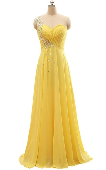Chiffon Jewel Single-Shoulder Long Pleated Dress