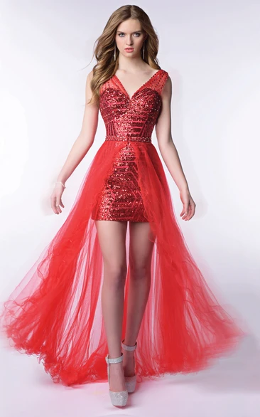 A-line V-neck Sleeveless High-low Sequins Formal Dress with Low-V Back and Tulle Skirt