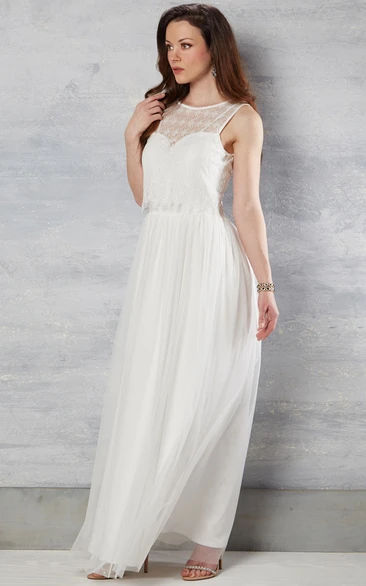 A Line Scoop Sleeveless Floor-length Tulle Wedding Dress with Illusion Top