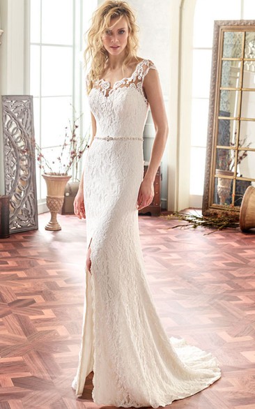 Split Front Lace Cap-sleeve Wedding Dress With Illusion And Court Train