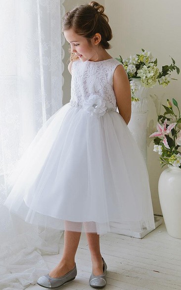Layered Lace Floral Tea-Length Tulle Flower Girl Dress
