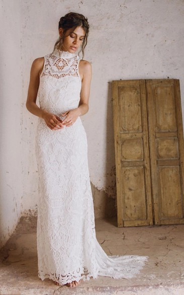 Bohemian Lace Sheath High Neck Sleeveless Wedding Dress