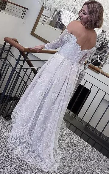 Off-the-shoulder Lace Illusion 3/4 Length Sleeve Wedding Gown