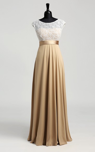 A-line Jersey Lace Bateau Floor-length Short Sleeve Lace Dress with Sash/Ribbon