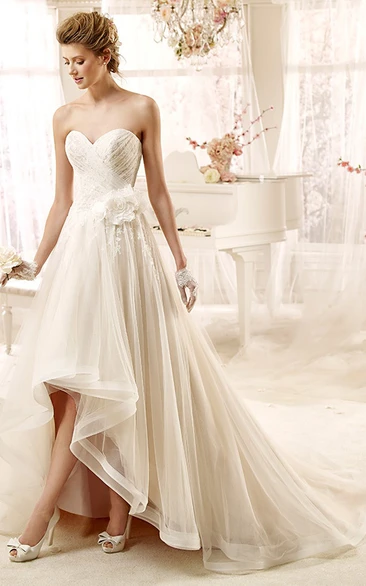 gossamery Tulle Sweetheart High-low Wedding Dress With Appliques And flower