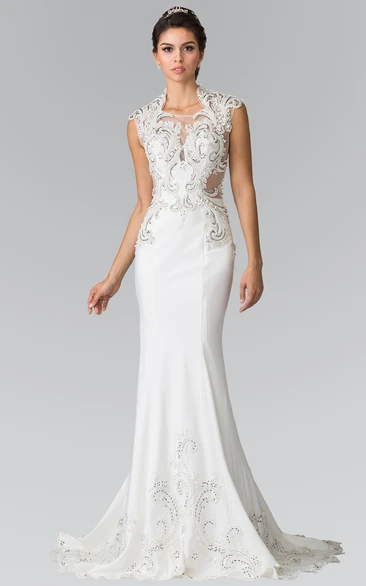Sheath Square Sleeveless Sweep Train Jersey Prom Dress with Illusion Back and Appliques