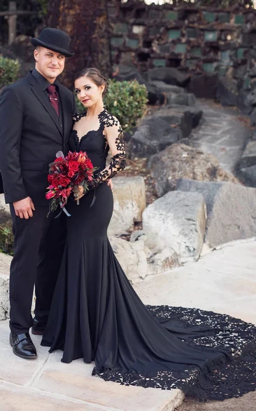 Black Mermaid V-Neck Long Illusion Sleeve Satin Wedding Dress with Appliques and Illusion Back