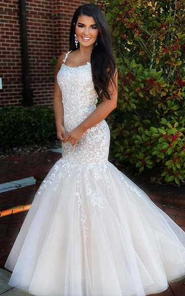 Mermaid Lace Tulle Spaghetti Sleeveless Floor-length Prom Formal Dress With Straps