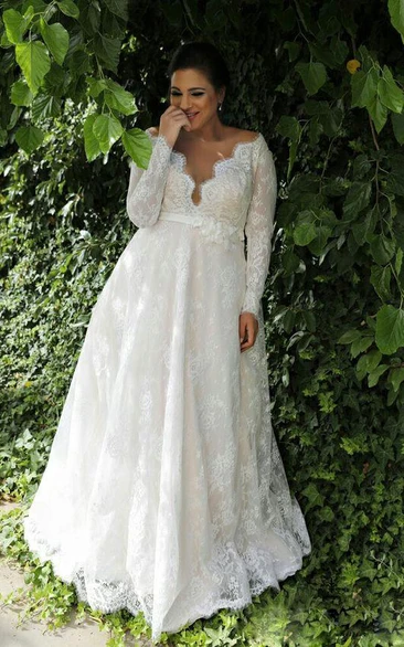 V-neck Lace Illusion Long Sleeve Wedding Dress