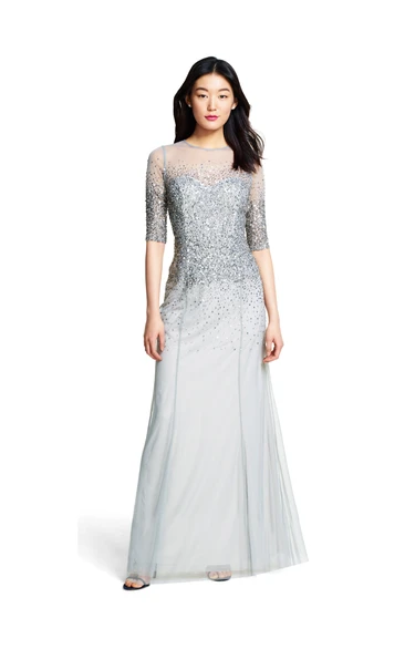 Sheath Jewel Half Sleeve Floor-length Tulle Bridesmaid Dress with Illusion and Sequins