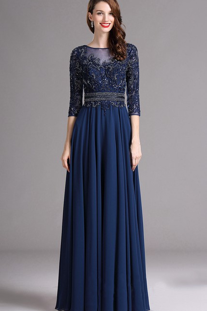 Chiffon Illusion Bateau-Neck A-Line Appliqued Gown - Dress Afford