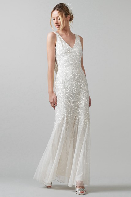 Sheath Sleeveless V-Neck Pleated Floor-Length Sequins Wedding Dress ...