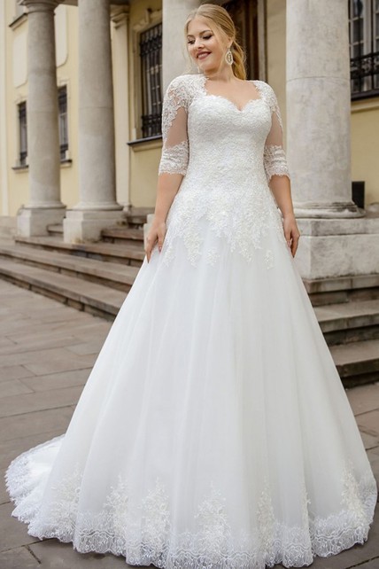 Modern Ball Gown Queen Anne Tulle Floor-length Half Sleeve Wedding ...