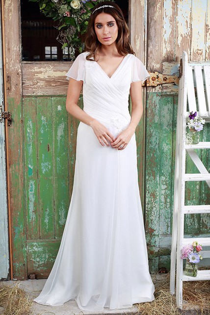 Plunged Chiffon Poet-sleeve Ruched Wedding Dress With Flower - Dress Afford