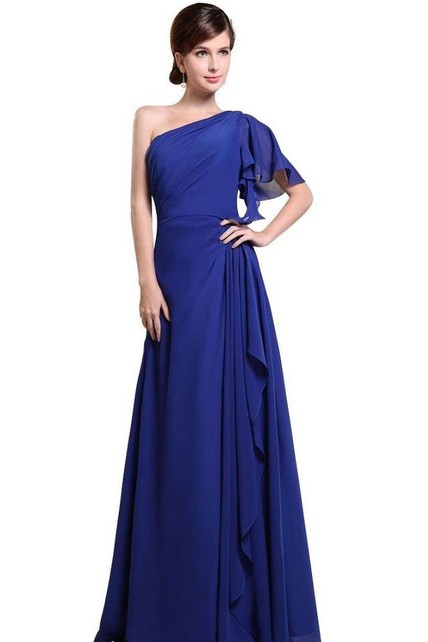 One-shoulder Drapped Sleeve Long Layered Chiffon Dress - Dress Afford