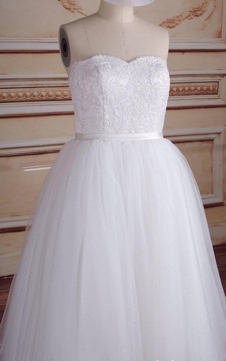 Strapped Lace Bridal Tea-Length Short Satin Tulle Dress