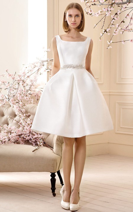 square-neck Sleeveless Satin A-line short Wedding Dress With Jeweled Waist 