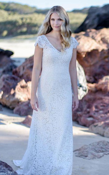 Modern V-neck Sheath Lace Floor-length Low-V Back Wedding Dress