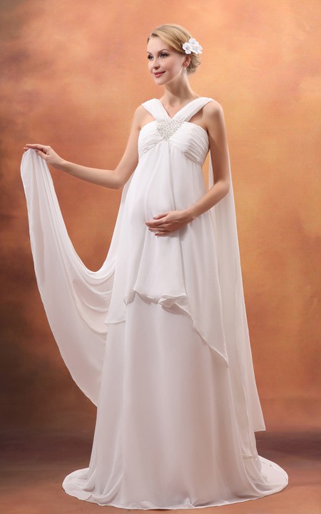 Haltered Chiffon Empire long maternity Dress With Beading And Sweep Train