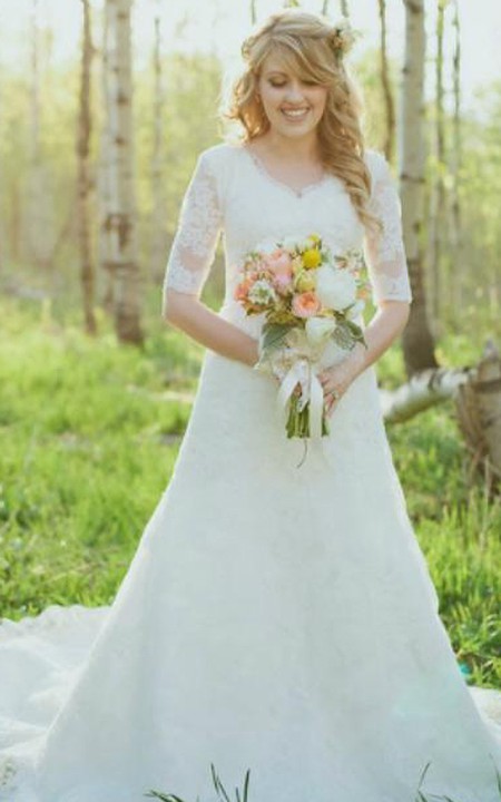V-neck Lace Illusion Half Sleeve Wedding Gown
